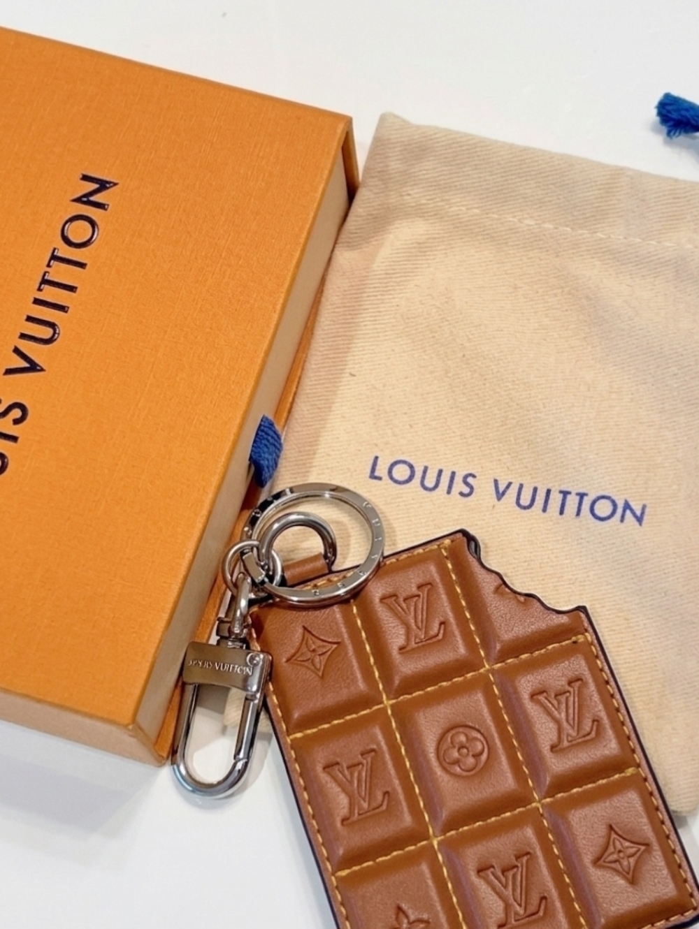 ONE LEFT! Monogram Leather Chocolate Tag Keychain No Box - Brown